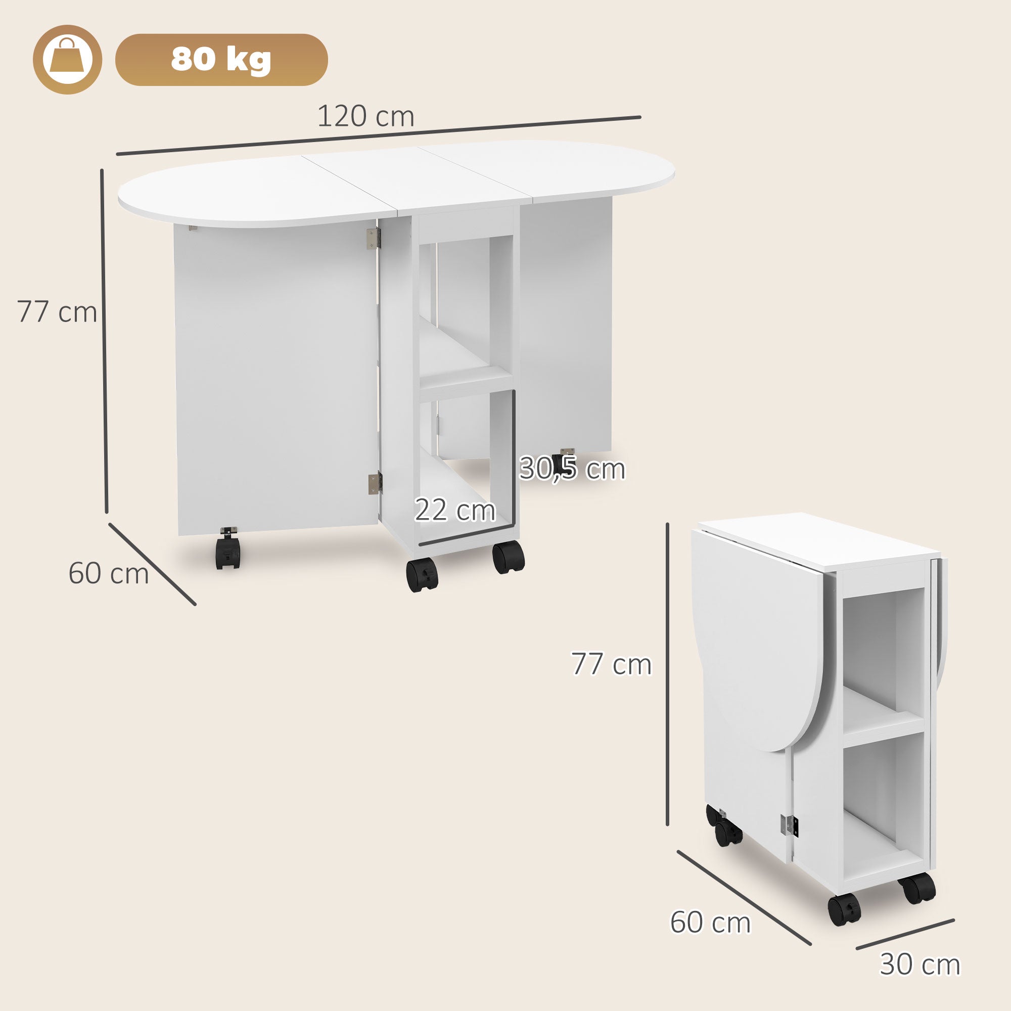 Klappbarer Esstisch mit Rollen, Küchentisch für 4 Personen, 2 Klappflügel und 2 Ablagefächer, 120x60x77cm, Weiß