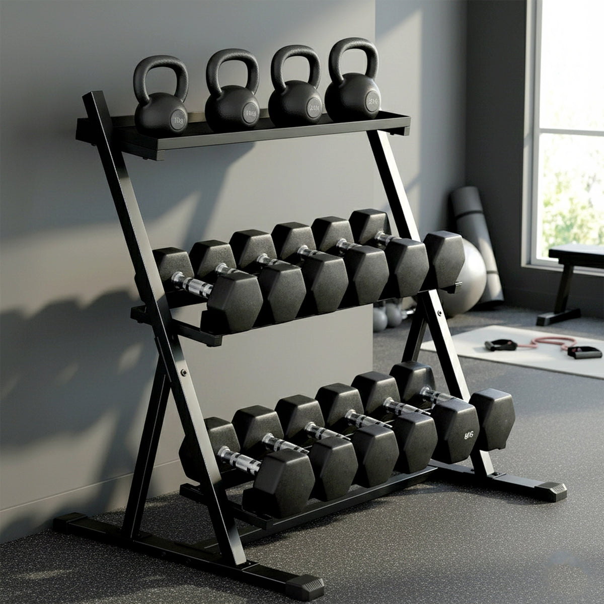 Support pour haltères à 3 niveaux, support de poids réglable en acier pour haltères, kettlebells, noir