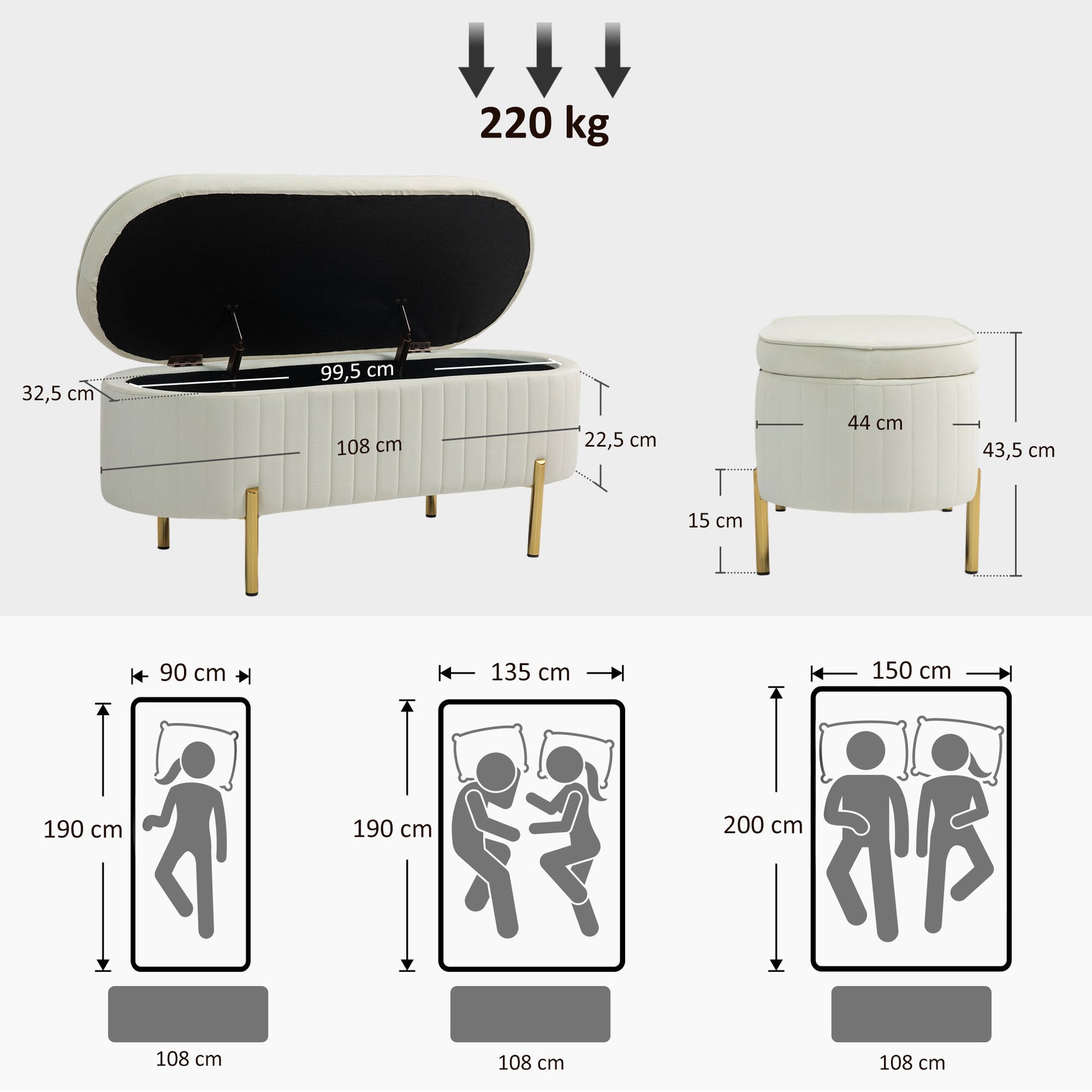 Banc de rangement, bout de lit en velours avec couvercle, pieds en métal, capacité 72 L, 108x44x43,5cm, crème-2