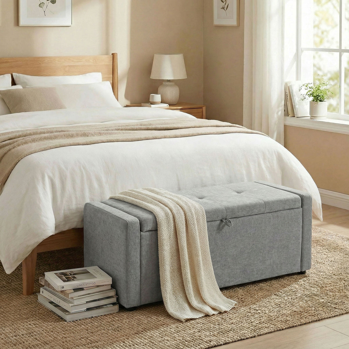 Banc de rangement, bout de lit, repose-pieds rembourré en lin avec assise large, 122 x 48 x 44 cm, gris clair