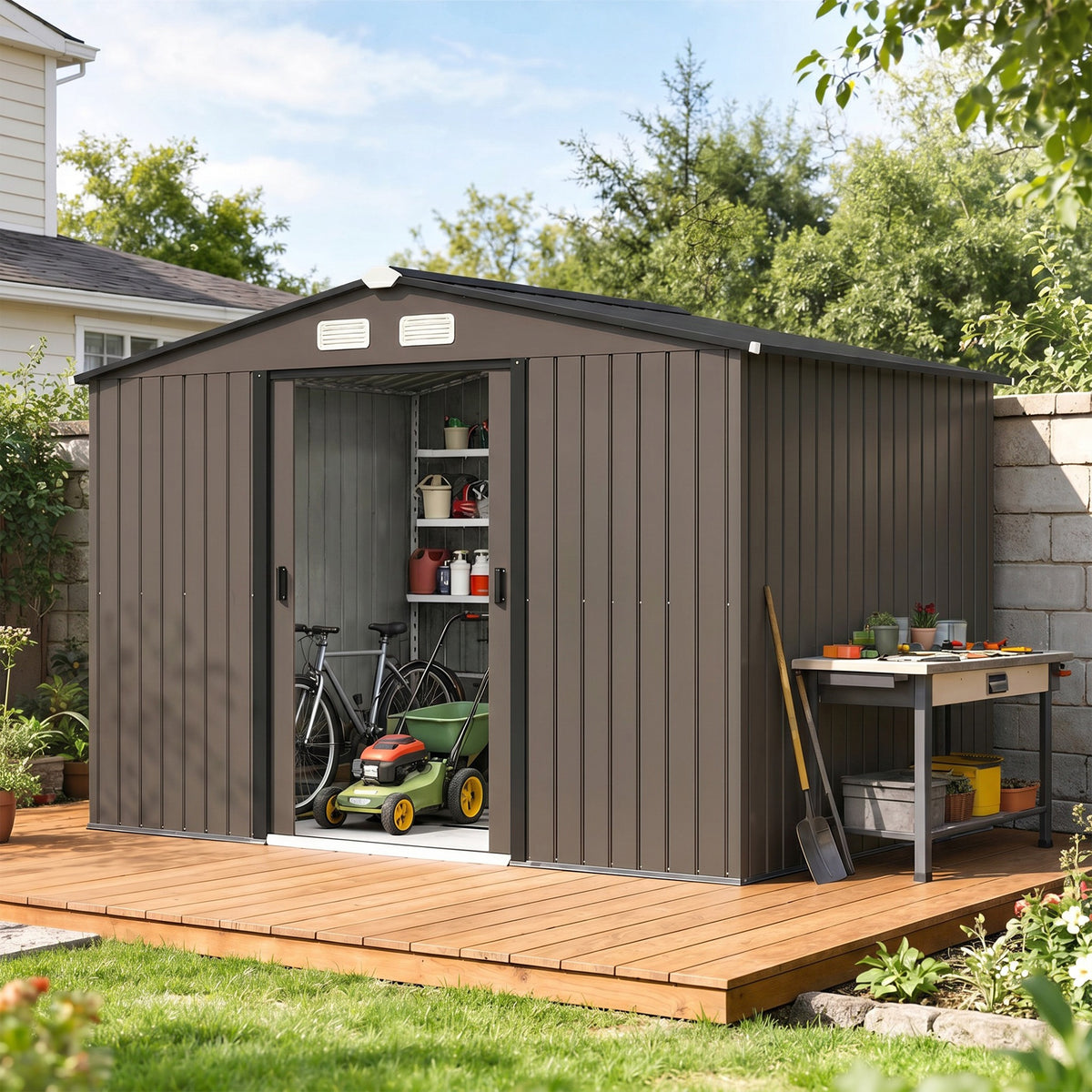 Abri de jardin 5,4 m² 2,77 x 1,95 x 1,92 m kit de fondation porte coulissante ventilations acier galvanisé, marron