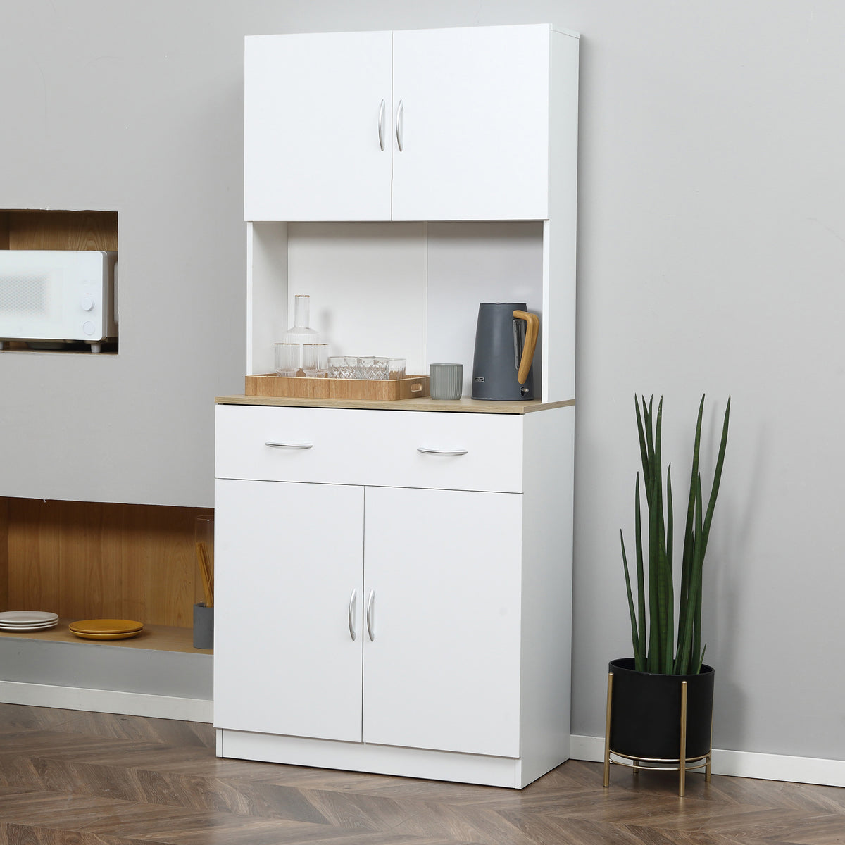 Credenza alta da cucina, armadio da cucina, 4 ante, cassetto, piano di lavoro e ripiani regolabili, 80x40x180 cm, bianco