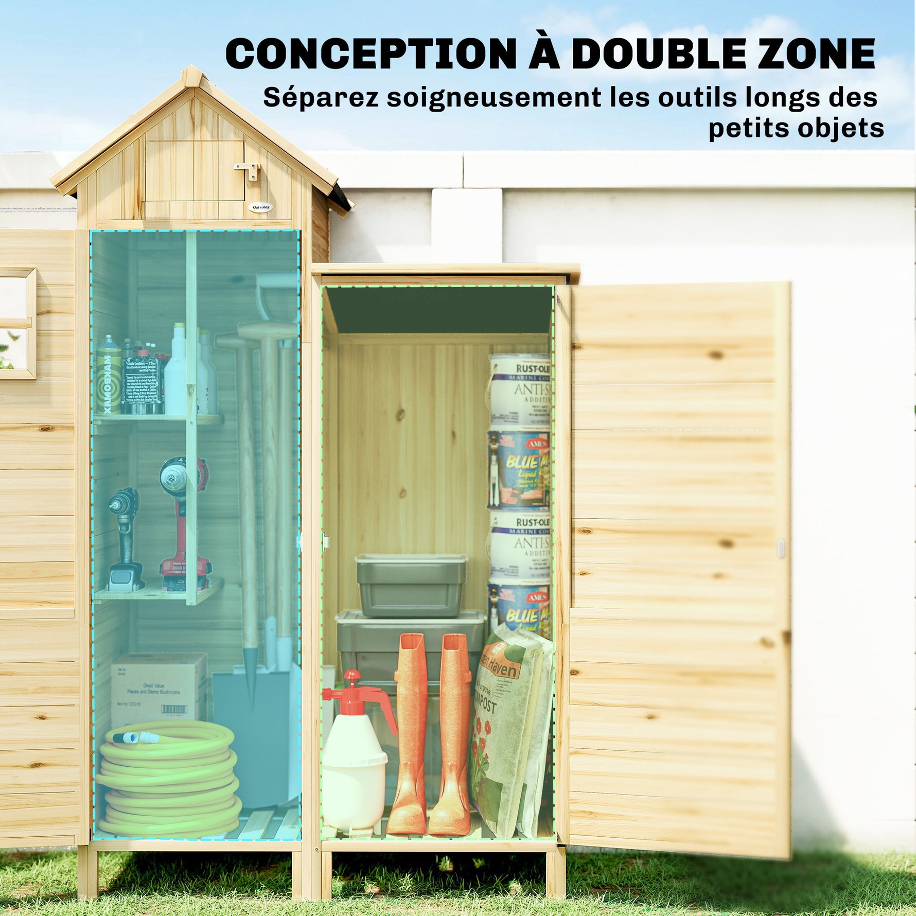 Armoire de Jardin en Bois Abri de Jardin Toit en Asphalte Double Zone et Étagères Amovibles 106x57x167cm Naturel