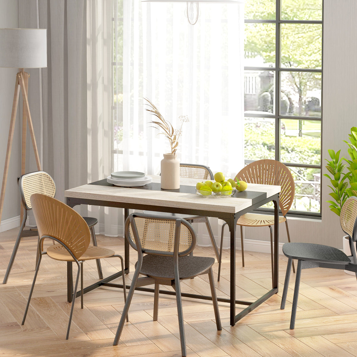 Table de salle à manger pour 6 personnes, style industriel en métal noir et bois, dim. 120L x 89l x 75,5H cm