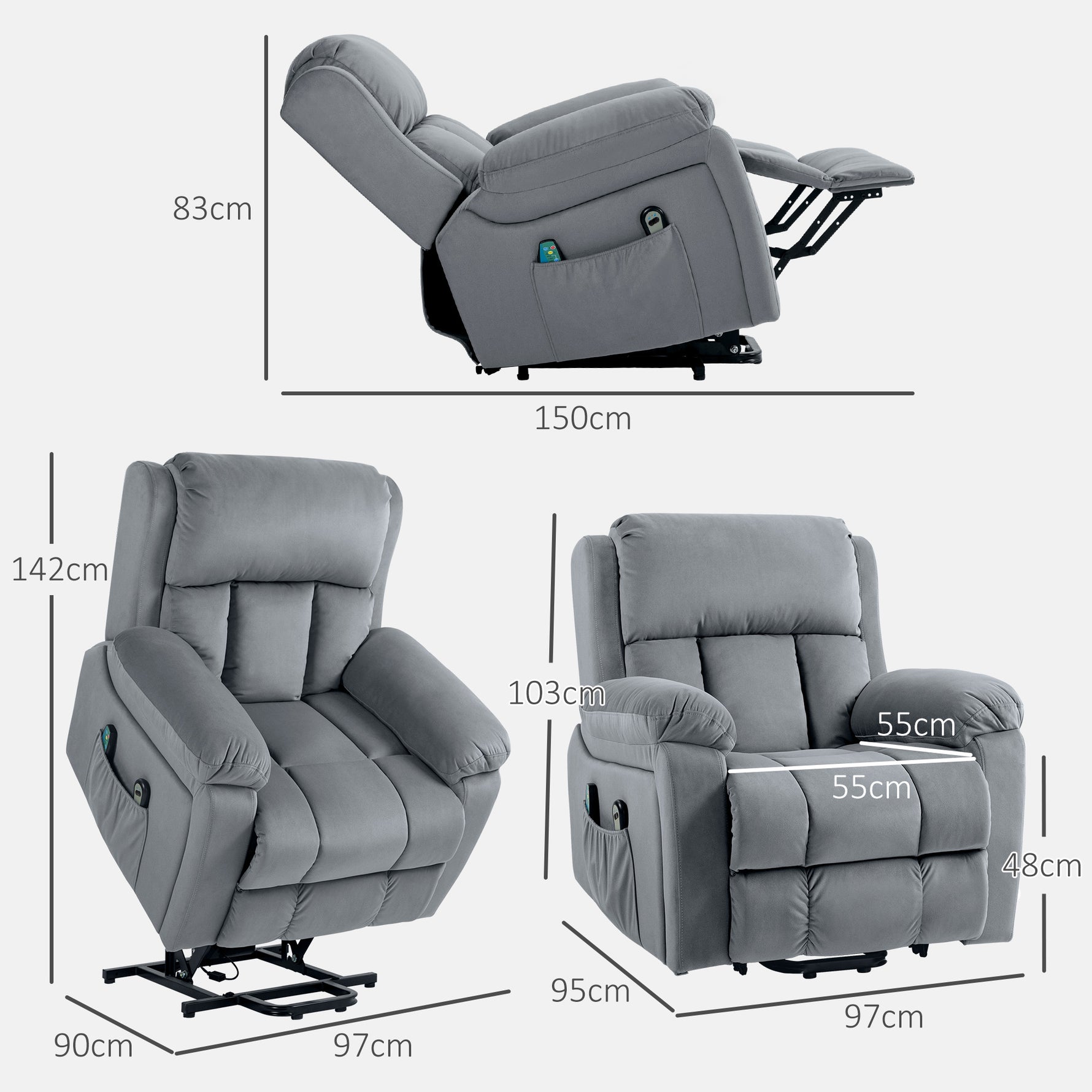 Fauteuil releveur électrique avec fonction massage et chaleur inclinaison réglable revêtement synthétique tissu gris