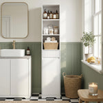 Meuble de salle de bain haut, meuble de rangement avec porte, tiroir, compartiments ouverts, étagère réglable, blanc