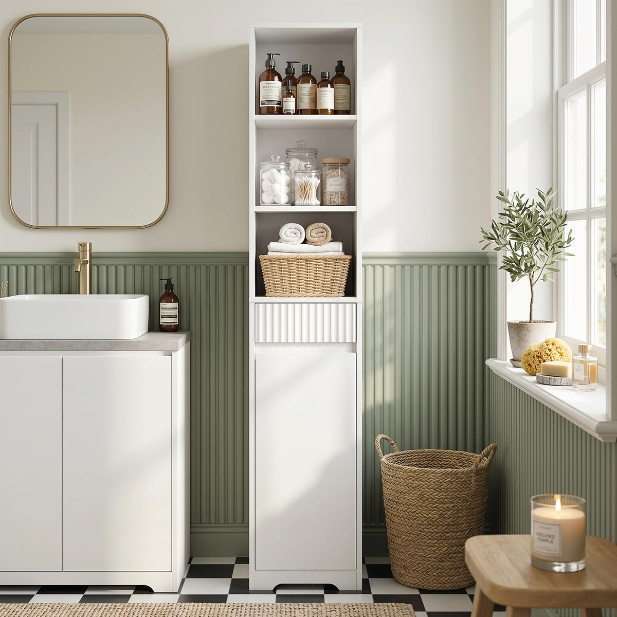 Meuble de salle de bain haut, meuble de rangement avec porte, tiroir, compartiments ouverts, étagère réglable, blanc