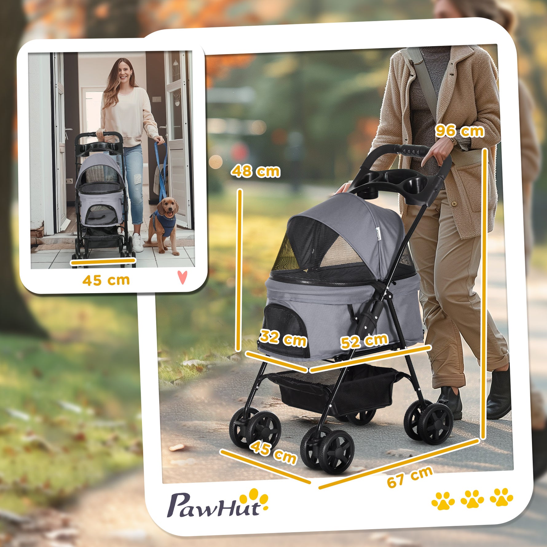 Poussette pour chien et chat pliable, 4 roues avec freins, tissu Oxford 300D imperméable, panier de rangement, gris