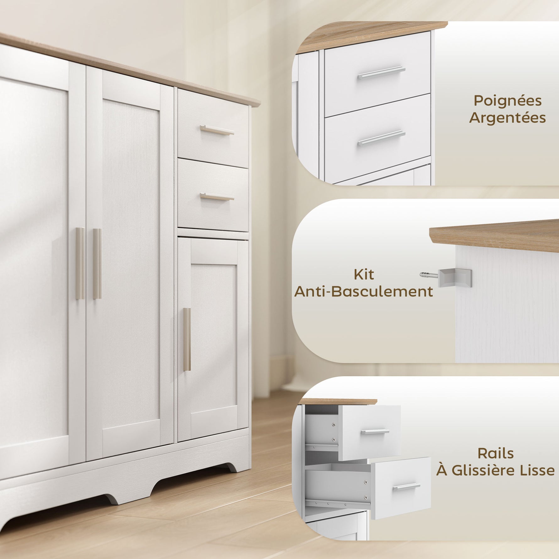 Buffet salon, meuble de rangement avec 2 tiroirs, 3 portes et étagère réglable, 100 x 40 x 78 cm, blanc et bois naturel