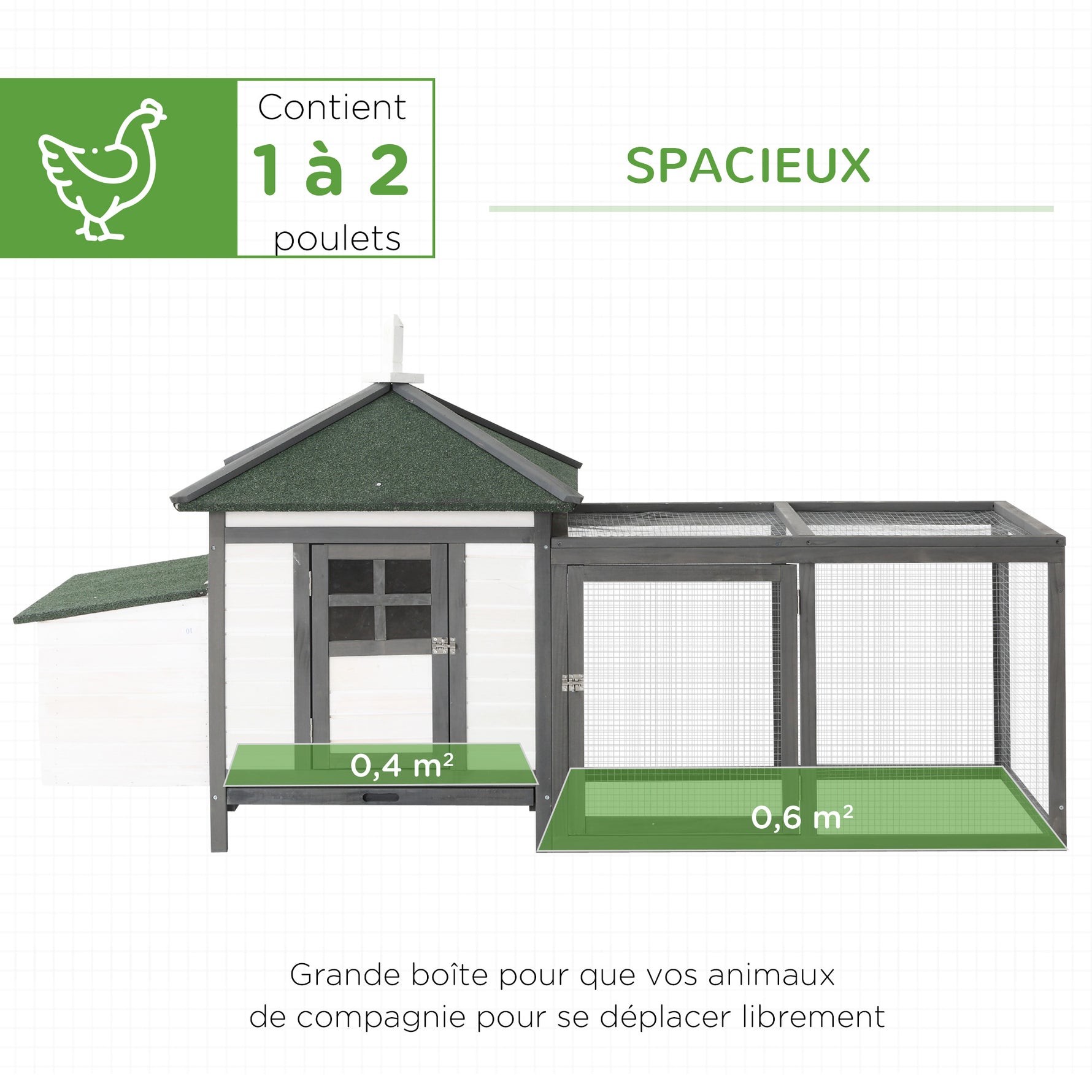 Poulailler cottage multi-équipement perchoir rampe pondoir enclos tiroir à déjection 196L x 76l x 97H cm bois massif pin gris blanc