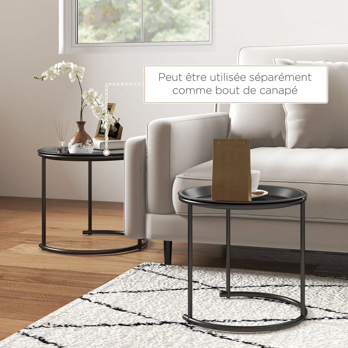 Lot de 2 tables basses rondes gigognes plateaux amovibles style industriel en acier Ø 43 et Ø 35 cm noir