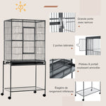 Gabbia per uccelli portatile con 4 mangiatoie e 4 posatoi, pratica, 81 x 48 x 162,5 cm, nero e grigio