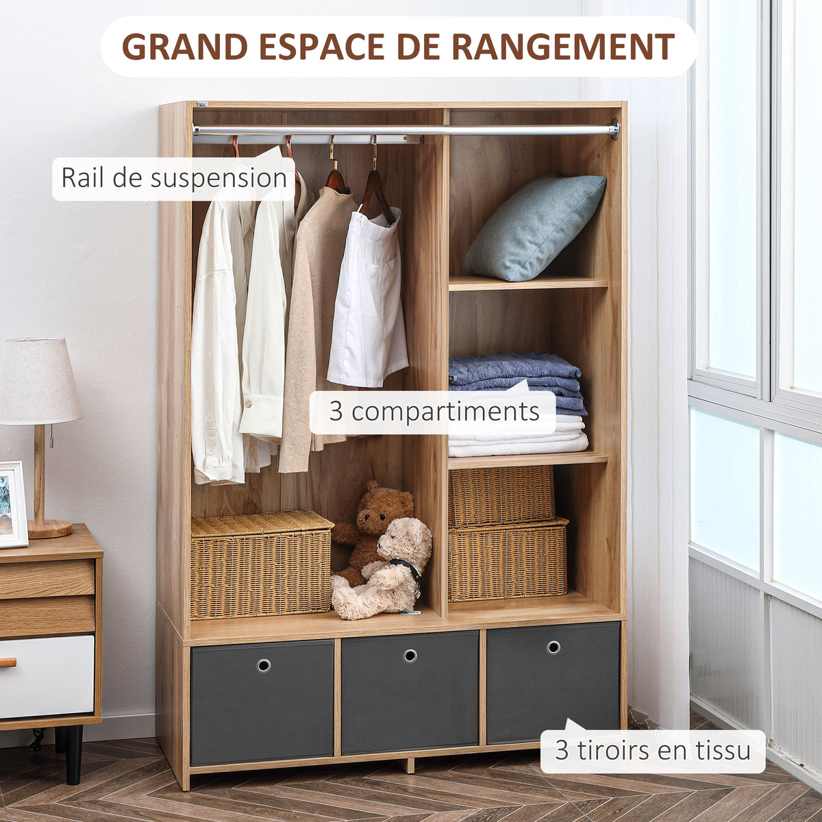 Kleiderschrank Aufbewahrungsschrank mit Kleiderstange, Vorhängen und 3 herausnehmbaren Stoffschubladen, 105 x 48 x 160 cm, natur