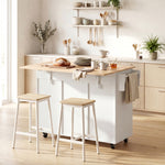 Îlot de cuisine avec plateau rabattable, chariot à roulettes 2 tiroirs, 3 portes, porte-racks et porte-serviettes, blanc