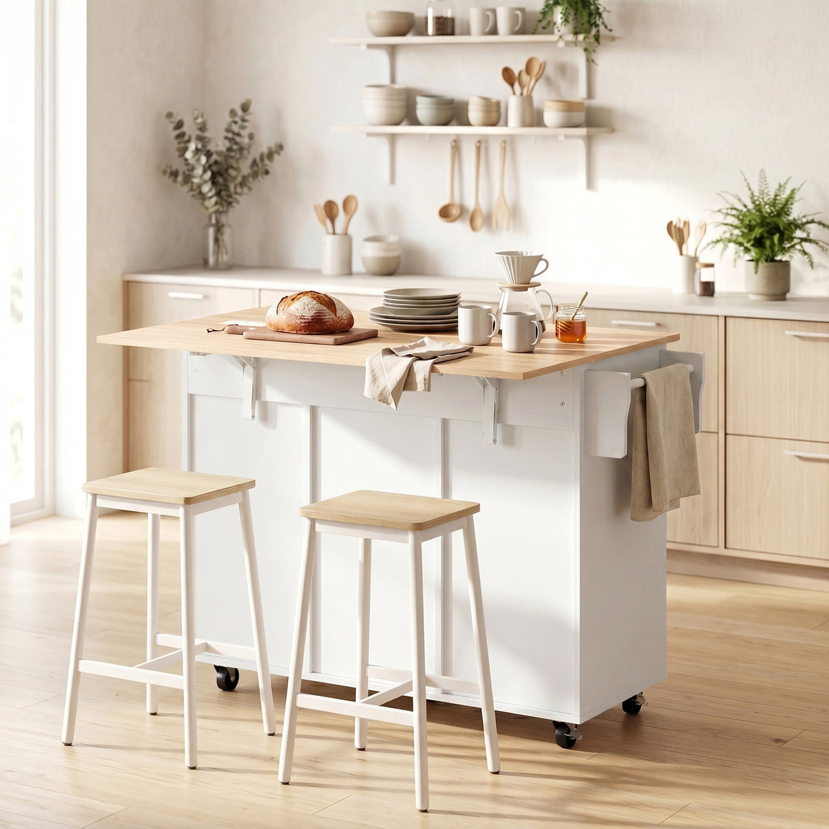 Îlot de cuisine avec plateau rabattable, chariot à roulettes 2 tiroirs, 3 portes, porte-racks et porte-serviettes, blanc