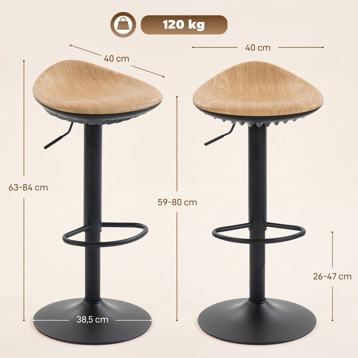 2er-Set Barhocker, höhenverstellbare Barstühle mit Fußstütze, 360° drehbar, Stahlfuß, Eiche