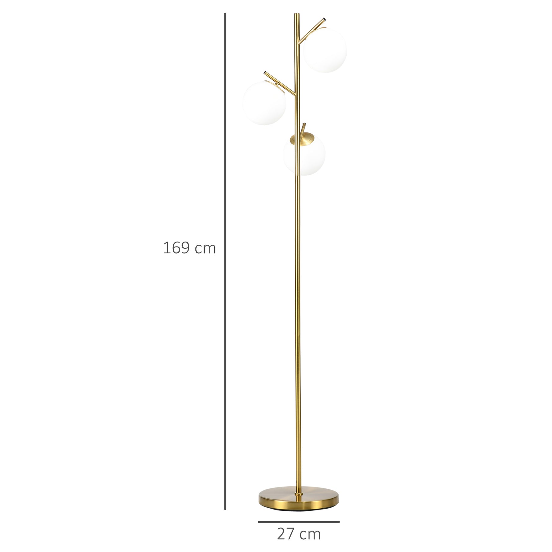 Lampadaire sur pied salon en métal avec 3 abat-jours globe blanc verre dépoli 40W Ø 27 x 169H cm doré