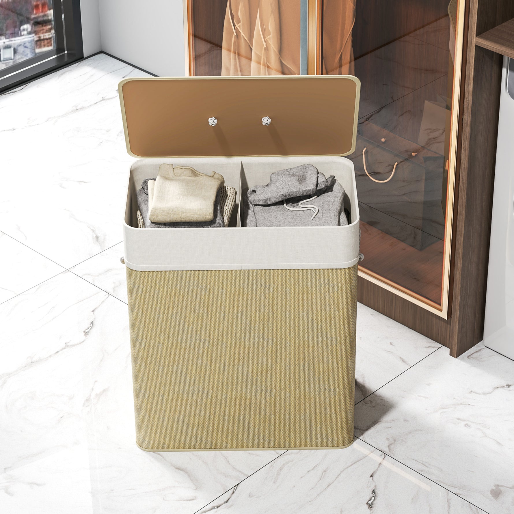 Panier à linge double avec couvercle, panier à linge en bambou 100 L avec poignées en corde