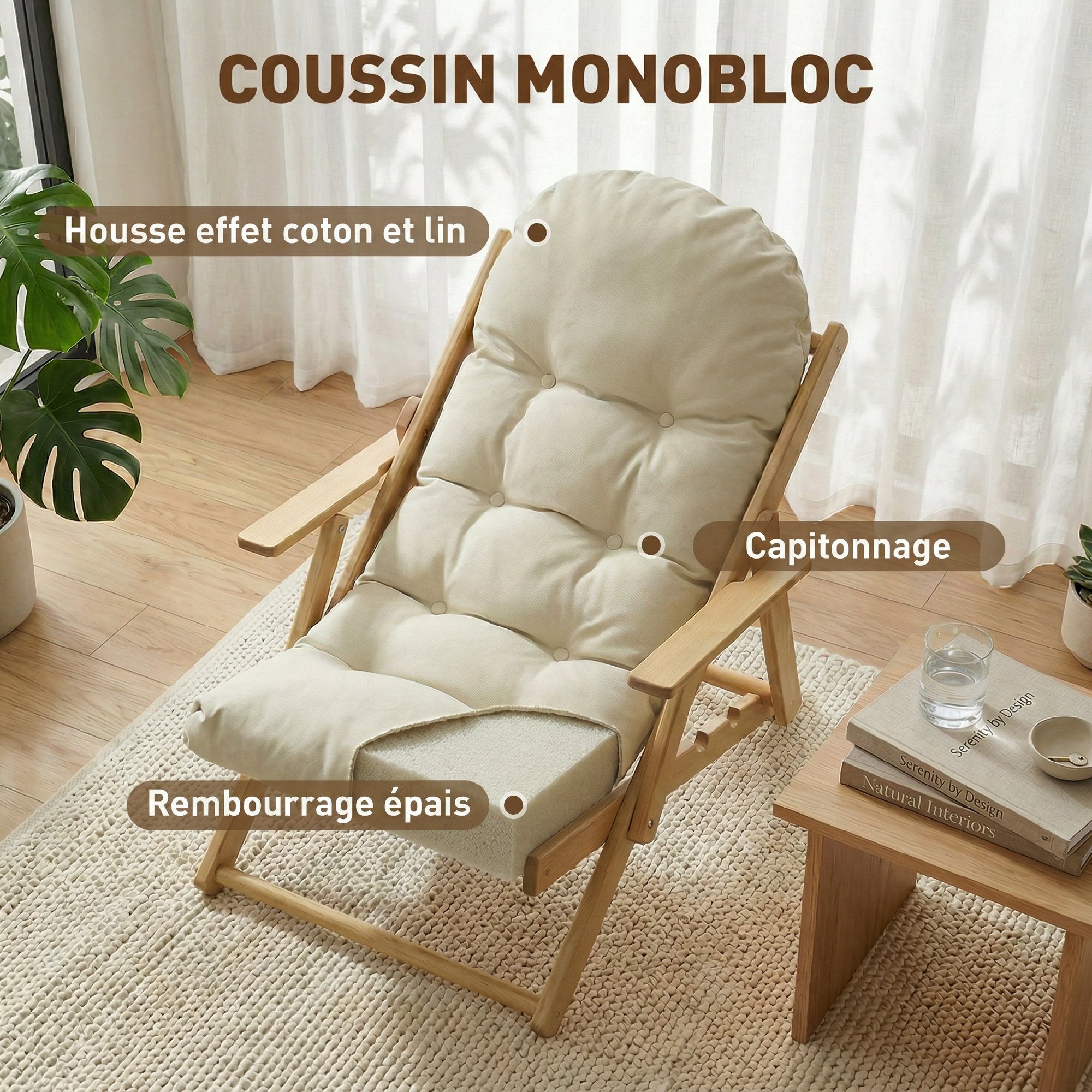 Foldable and Reclining Wooden Living Room Chair, Comfortable Relax Armchair with Thick Padded Cushion