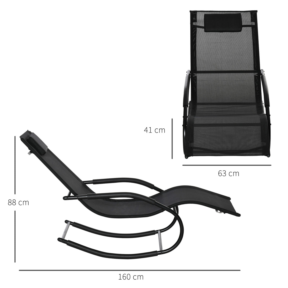 Chaise longue à bascule rocking chair ergonomique avec tétière accoudoirs métal galvanisé textilène 62l x 150P