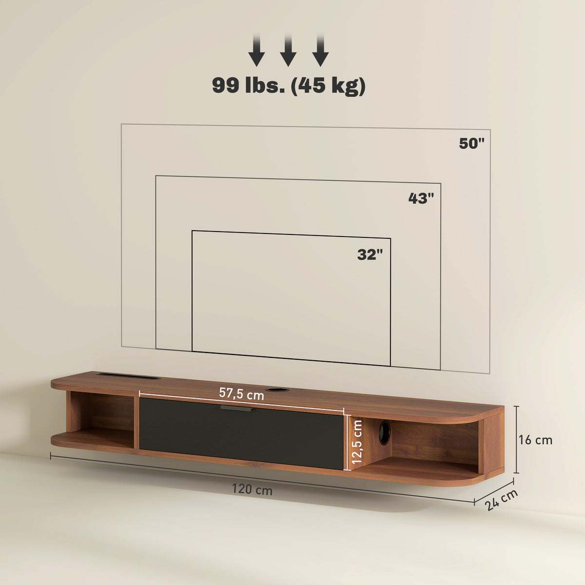 Meuble TV Suspendu, Meuble Télé pour Téléviseur jusqu'à 50 Pouces, Tiroir Rabattable, 2 Étagères, 120x24x16cm, Noyer