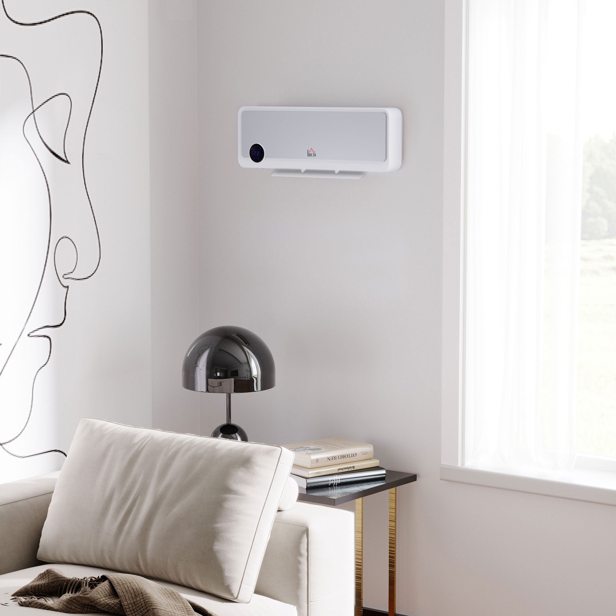 Calefactor cerámico de pared con ventilador oscilante 2000 W - tecnología PTC - 3 niveles de potencia - mando a distancia incluido, blanco plateado