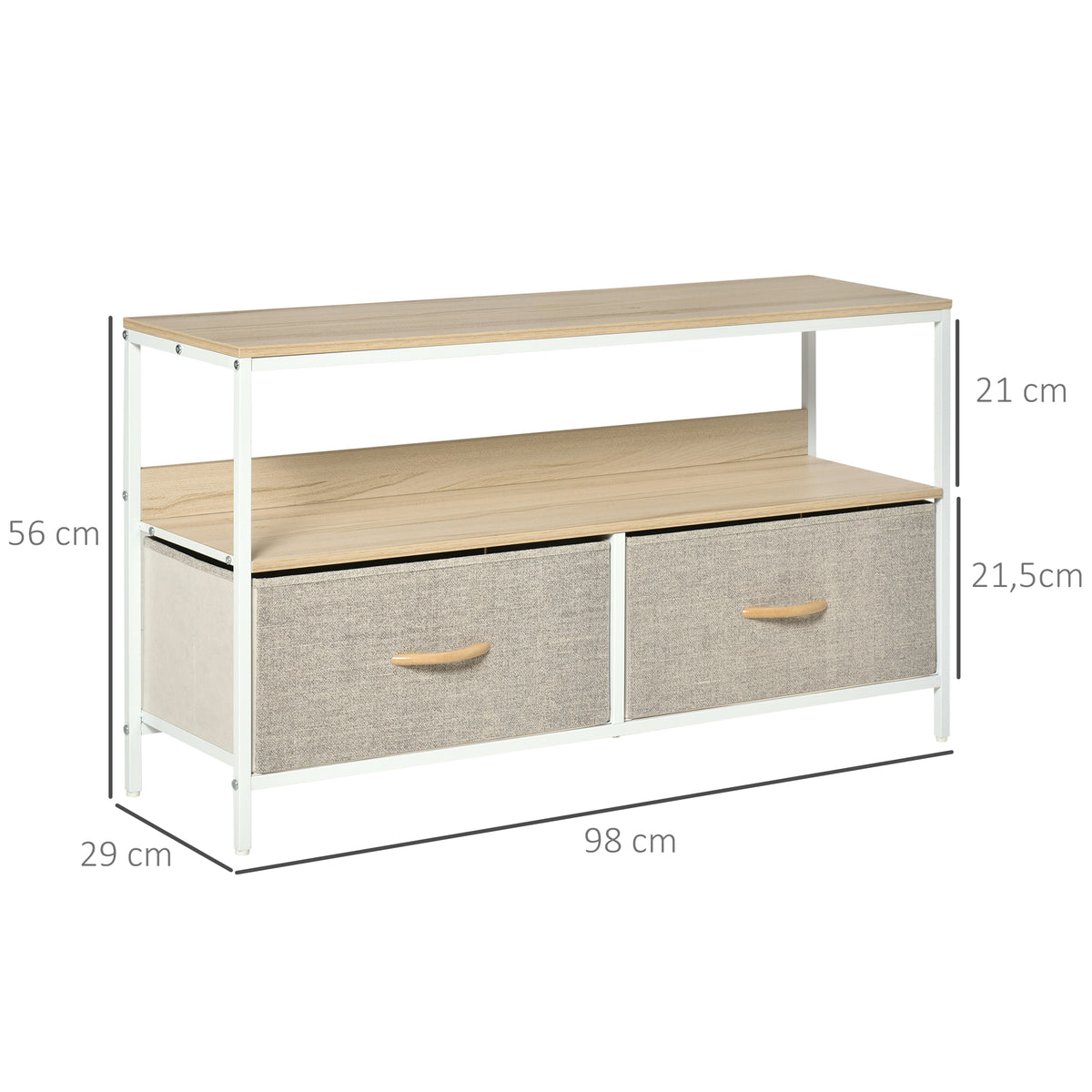 Meuble TV Bas sur Pieds Style Industriel 2 tiroirs en Tissu Gris Bois Naturel et métal Blanc