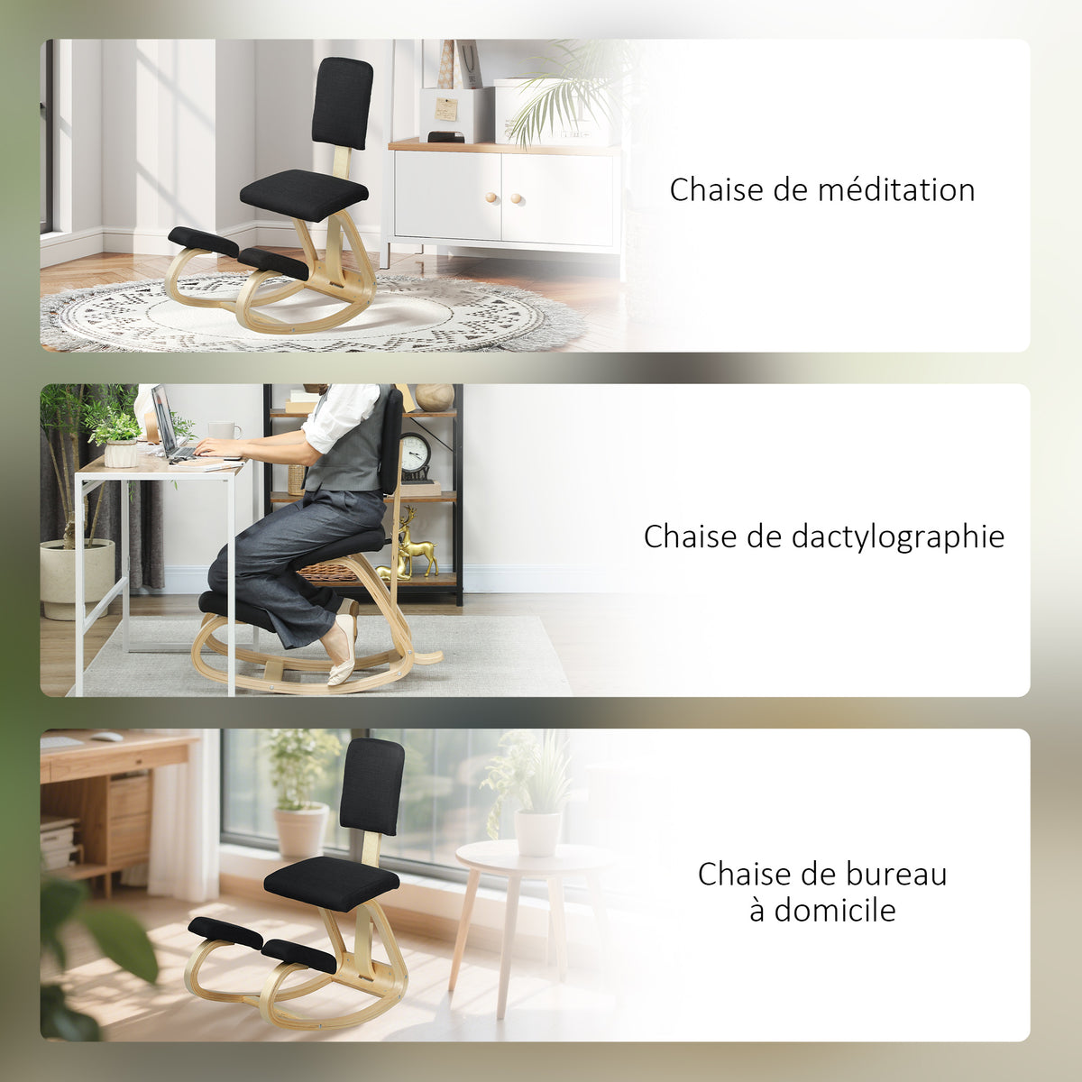 Siège assis genoux, tabouret ergonomique en bois à bascule avec dossier, chaise à genoux pour bureau à domicile, noir