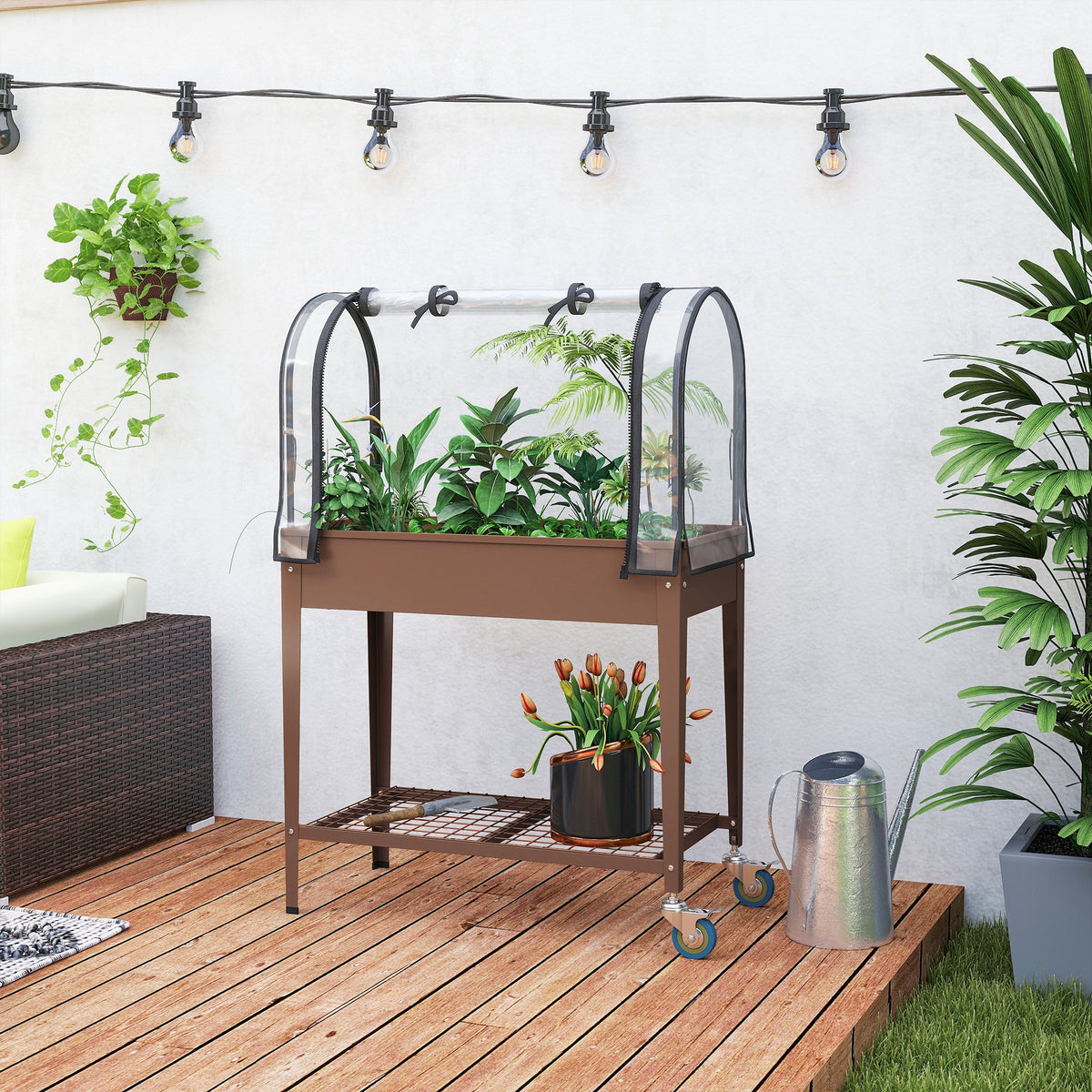 Jardinière surélevée avec bâche transparente, 2 roulettes et 1 étagère inférieure, dim. 80L x 40l x 120H cm