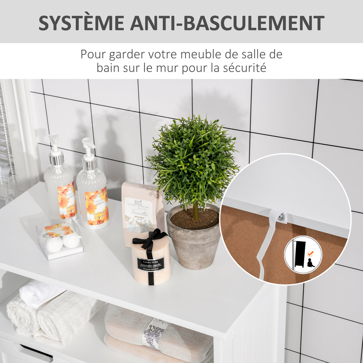 Meuble de salle de bain, meuble de rangement avec 2 tiroirs, niche, placard avec porte, étagère réglable, armoire de salle de bain, cuisine, salon, 60 x 30 x 109 cm, blanc