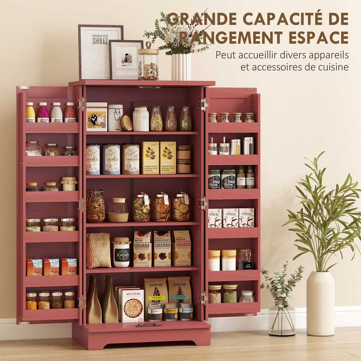 Buffet cuisine armoire de cuisine 5 niveaux avec portes et étagères réglables 60l x 40P x 120H cm grain de bois rouge