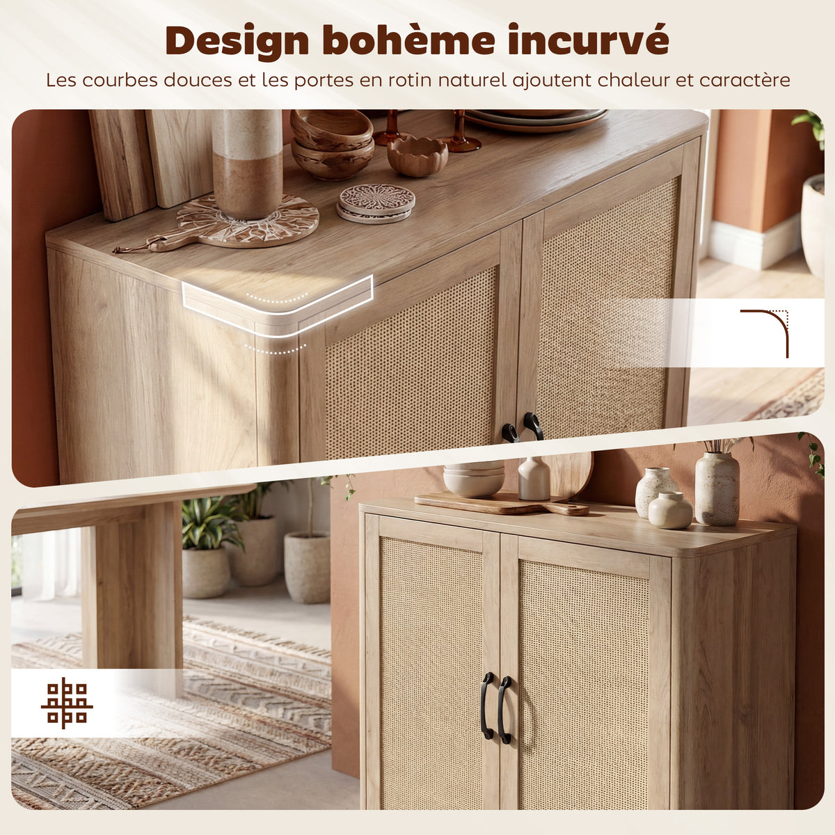 Buffet salon, meuble de rangement avec 2 portes en rotin, étagère réglable et bords arrondis, 76 x 35 x 75,5 cm, chêne