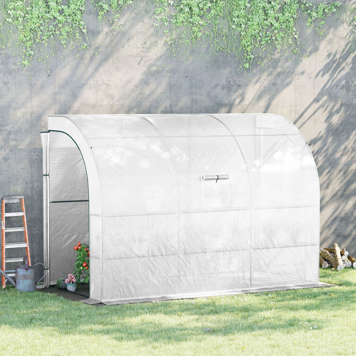 Serre de Jardin adossée avec Étagères 3 Niveaux, Petite Serre de Balcon en Bâche PE 140 g/㎡ 300 x 150 x 213 cm, blanc