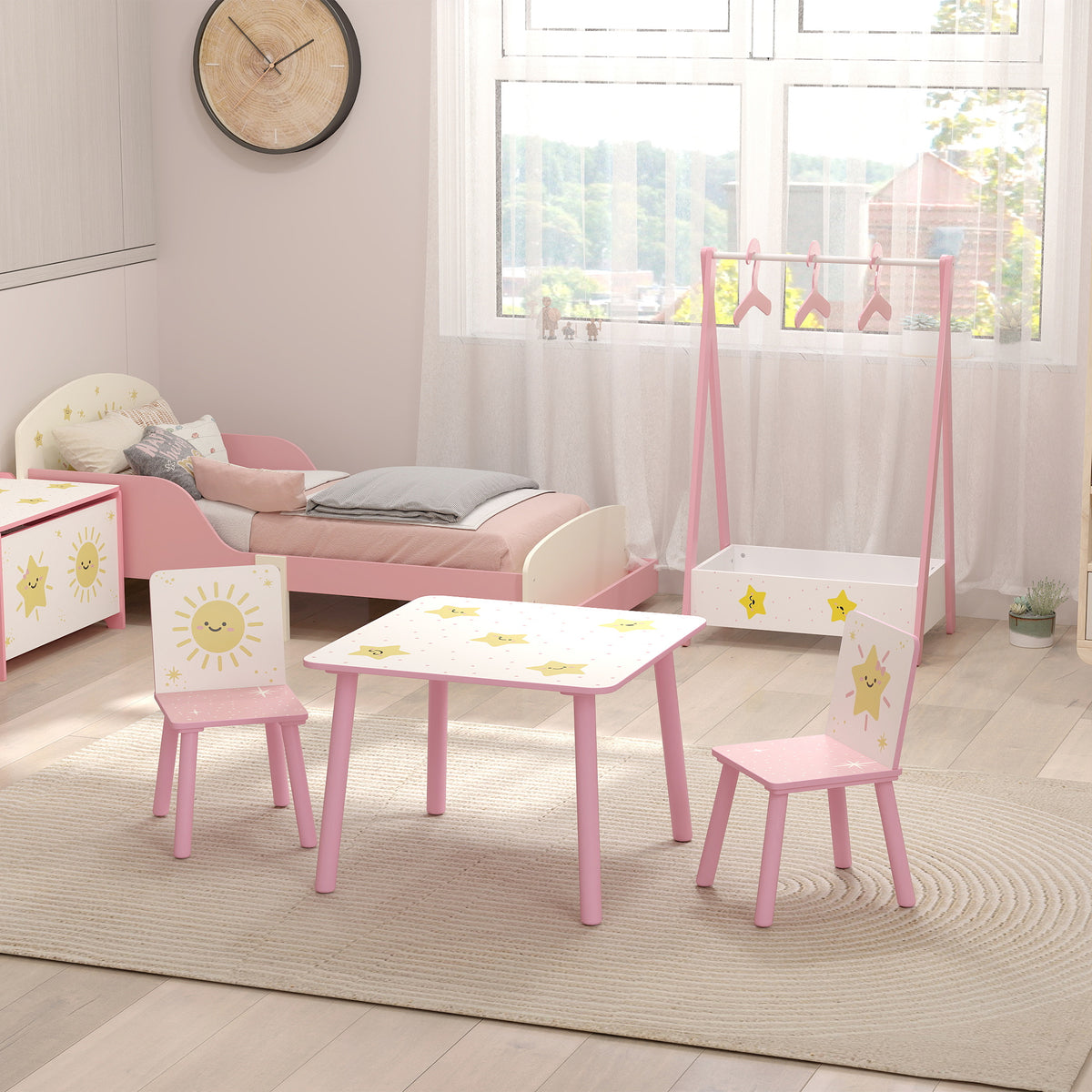 Mesa infantil con silla, juego de mesa y 2 sillas infantiles de madera, motivos de estrellas, 60 x 60 x 44 cm, rosa