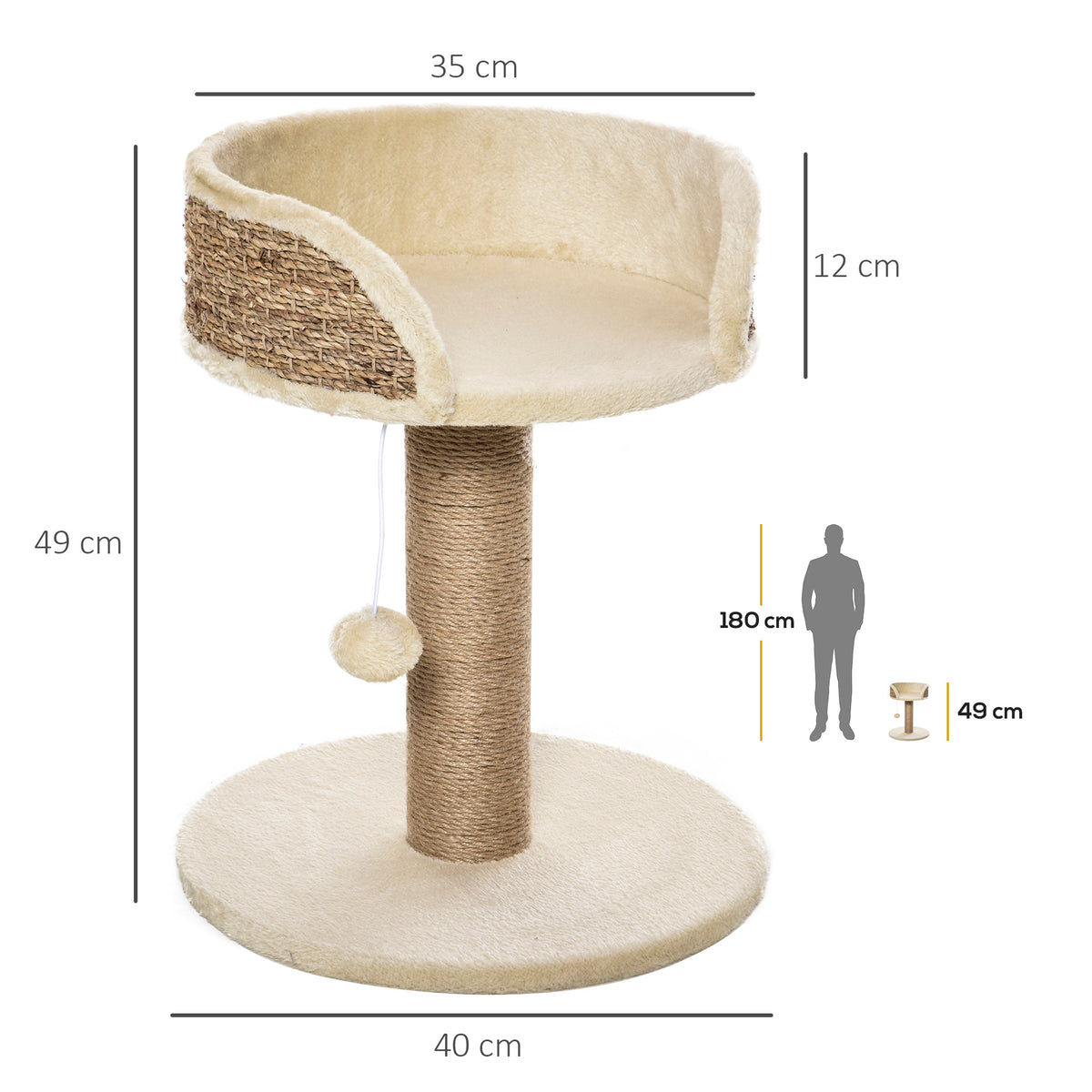 Cat tree climbing tree scratching post design toy hanging pom-pom + plush platform 40 x 40 x 49 cm beige sisal