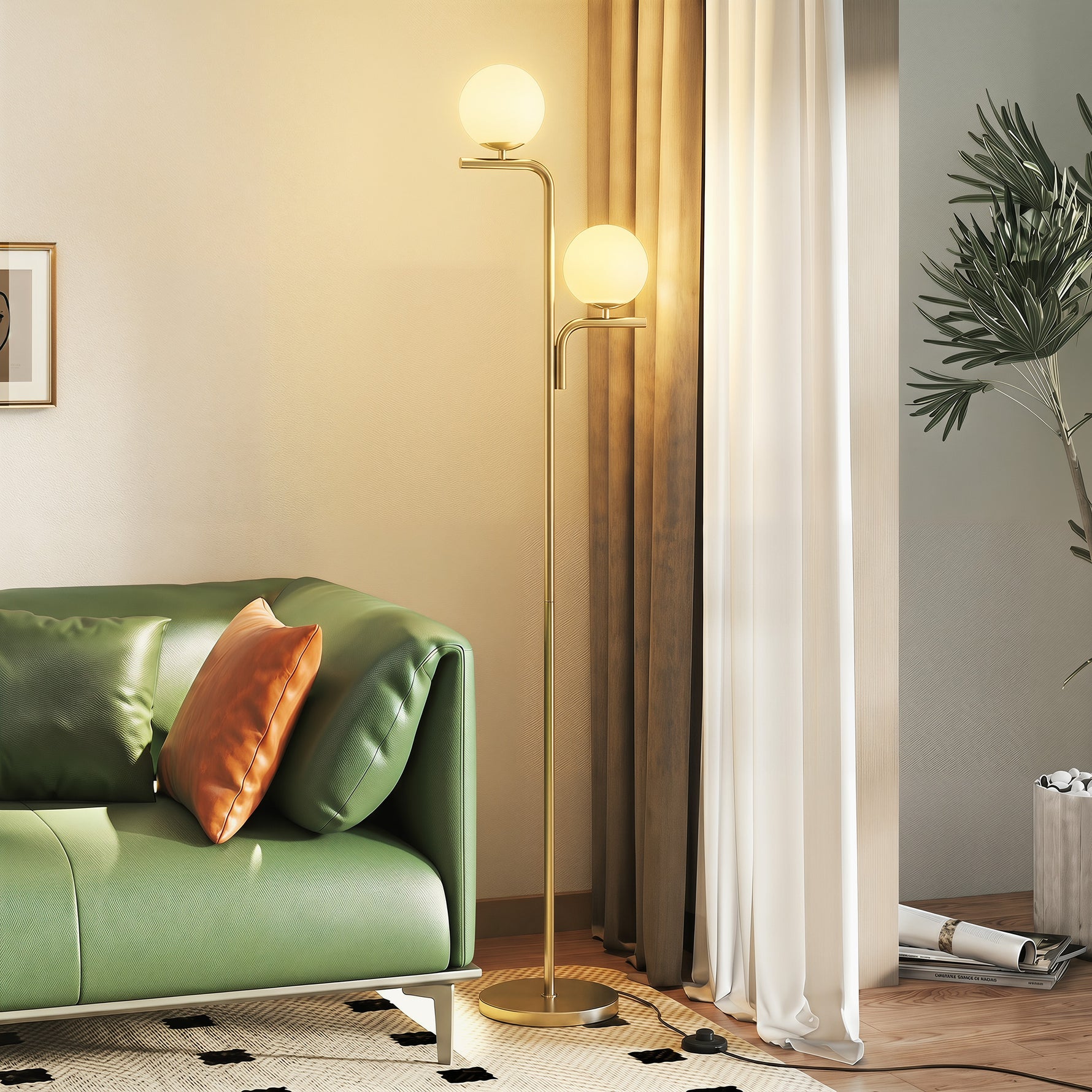 Lampadaire sur Pied Salon à Double Tête, Lampe sur Pied avec 3 Températures de Lumière, Abat-Jour en Verre, Doré