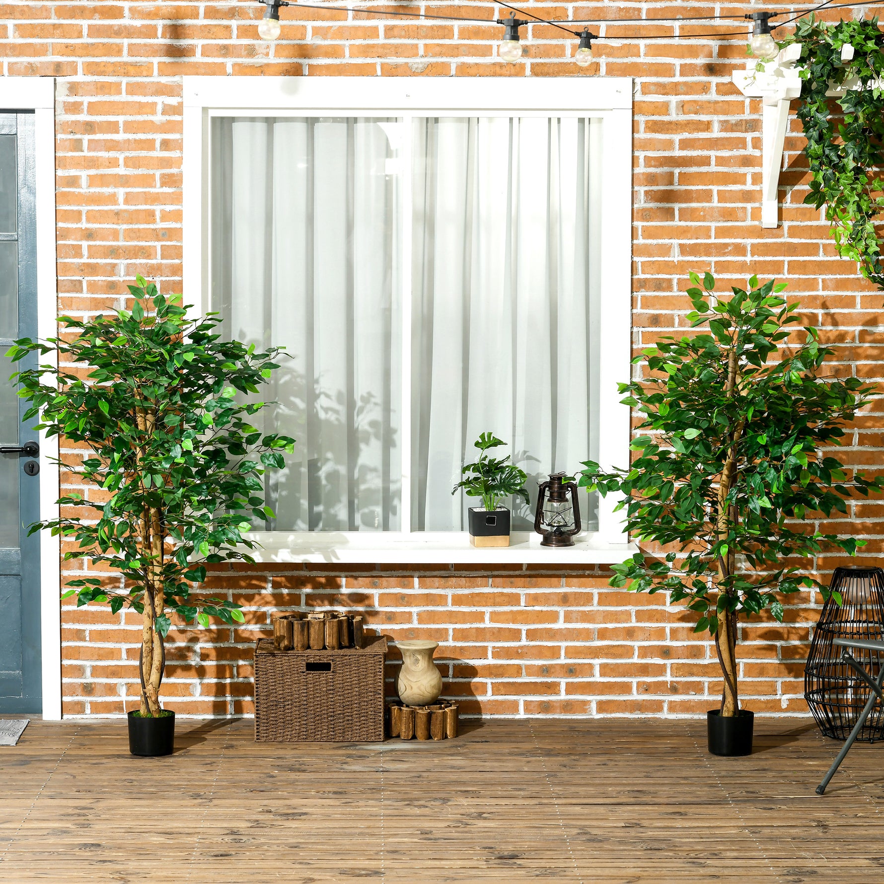 Lot de 2 plantes artificielles ficus hauteur 1,50 m tronc branches liane lichen feuilles grand réalisme pot inclus vert
