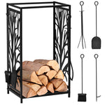 Porte bûches - Range bûches Serviteur de cheminée Arbre - Multi Accessoires étagère 46L x 29l x 70H cm Acier Noir-0