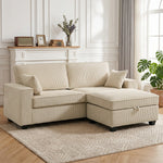 Canapé 3 Places avec Pouf de Rangement, Canapé d'Angle en Velours Côtelé, Assise Large, 2 Coussins, Beige