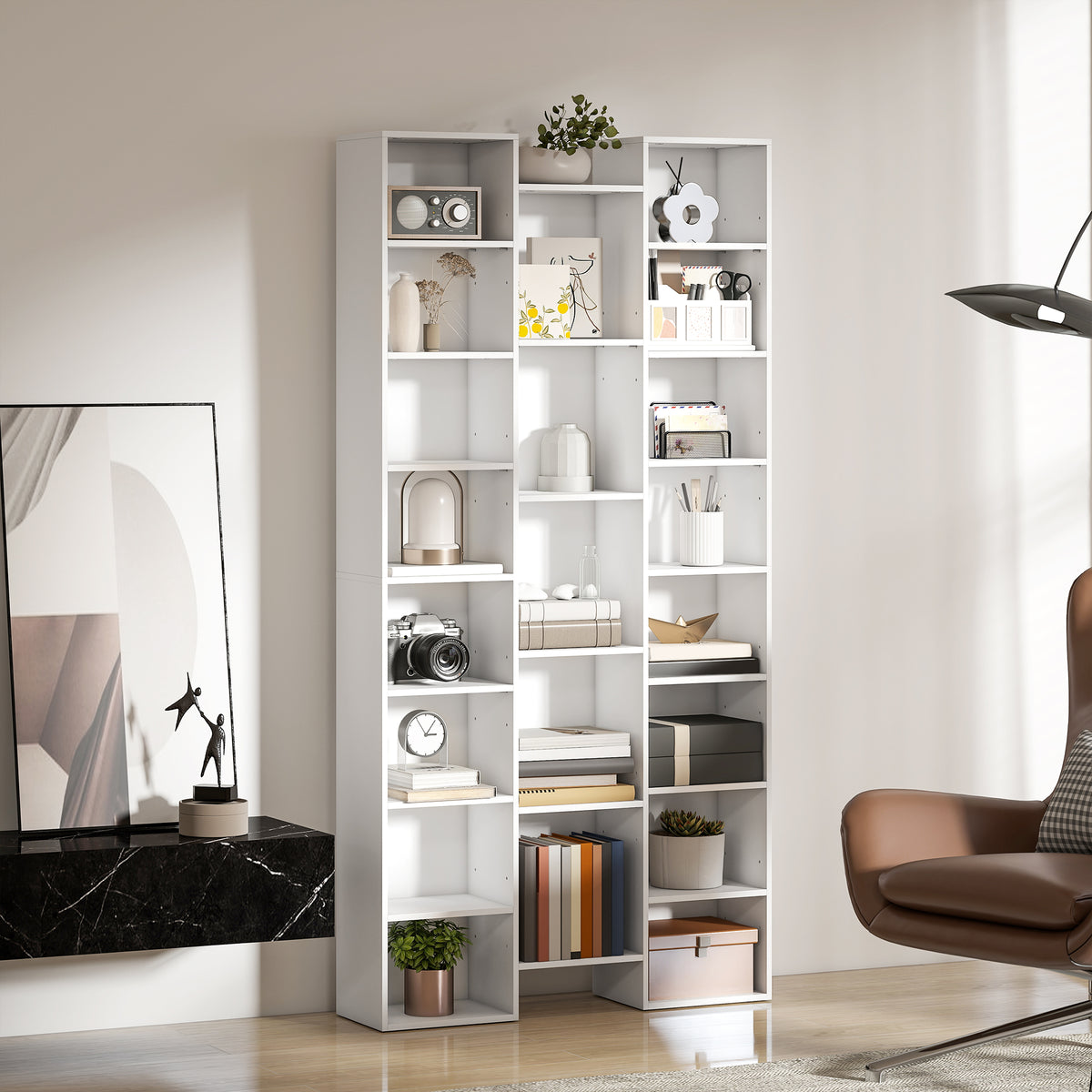 Bibliothèque, étagère à livres, étagère de rangement, 21 compartiments et 10 étagères réglables, 89,5x23,5x181cm, blanc