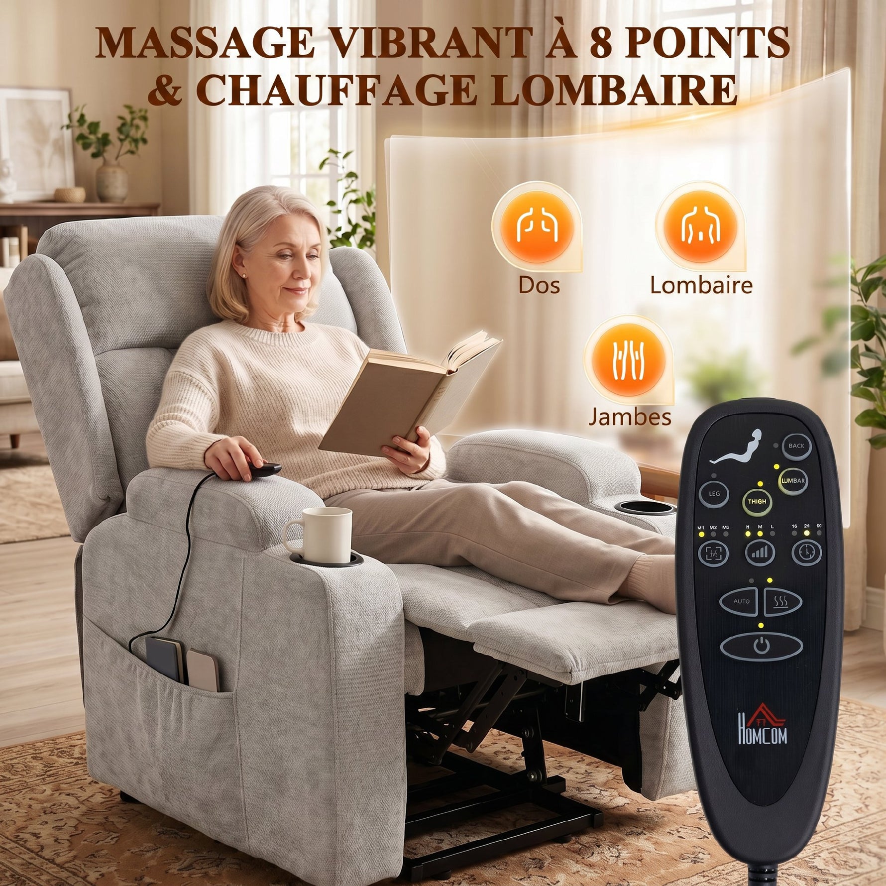 Fauteuil Releveur Électrique Massage et Chauffage, Fauteuil Relax Électrique en Chenille, Appui-tête Pliable, Gris Clair