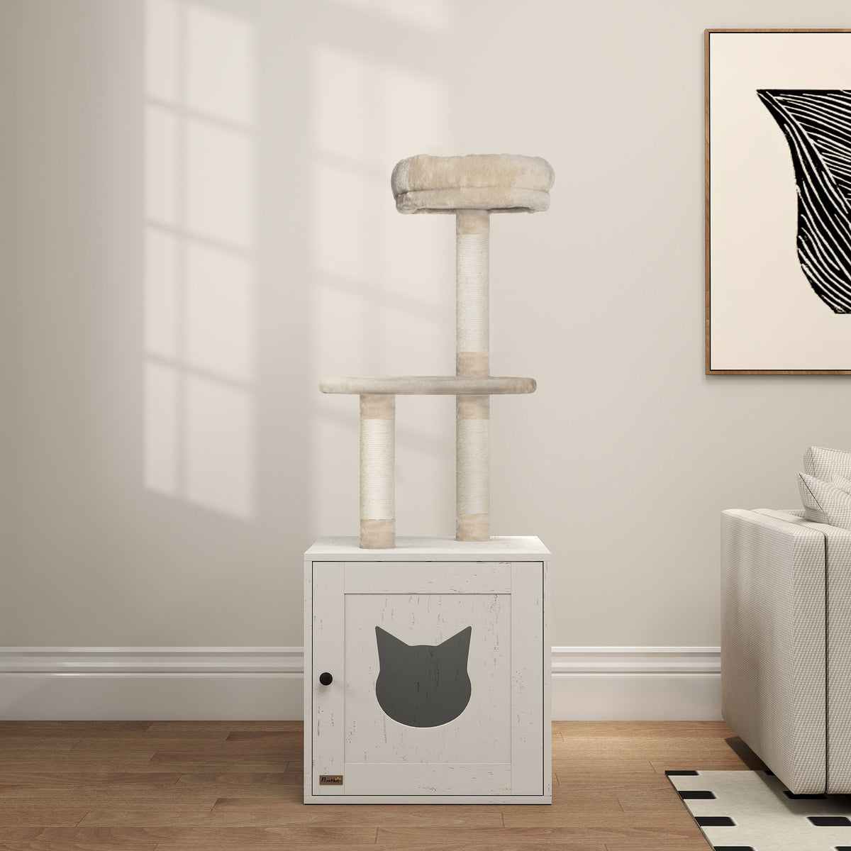 Arbre à chat avec maison de toilettes, tour de jeu 2-en-1 de 129 cm avec cache-litière, poteaux à griffer, crème