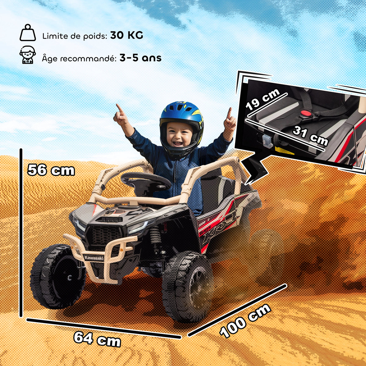 Voiture électrique enfant UTV KAWASAKI TERYX KRX 1000 12 V à 2 moteurs 25 W télécommande 2,4 Ghz 100 x 64 x 56 cm jaune