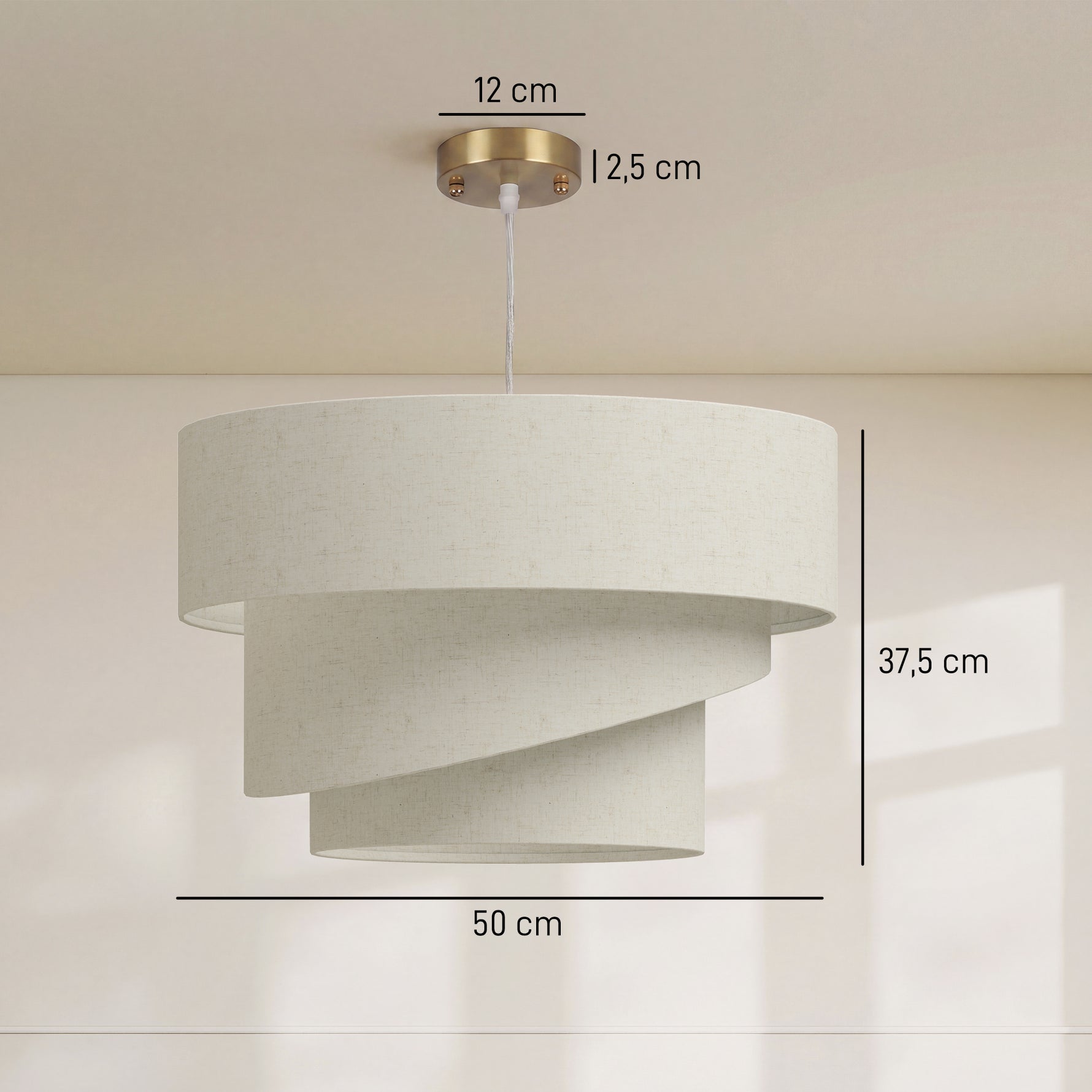 Suspension Luminaire à 3 Abat-Jour Effet Lin, Ampoule Non Incluse E14 40 W, Câble Réglable, Rosace Dorée, Beige