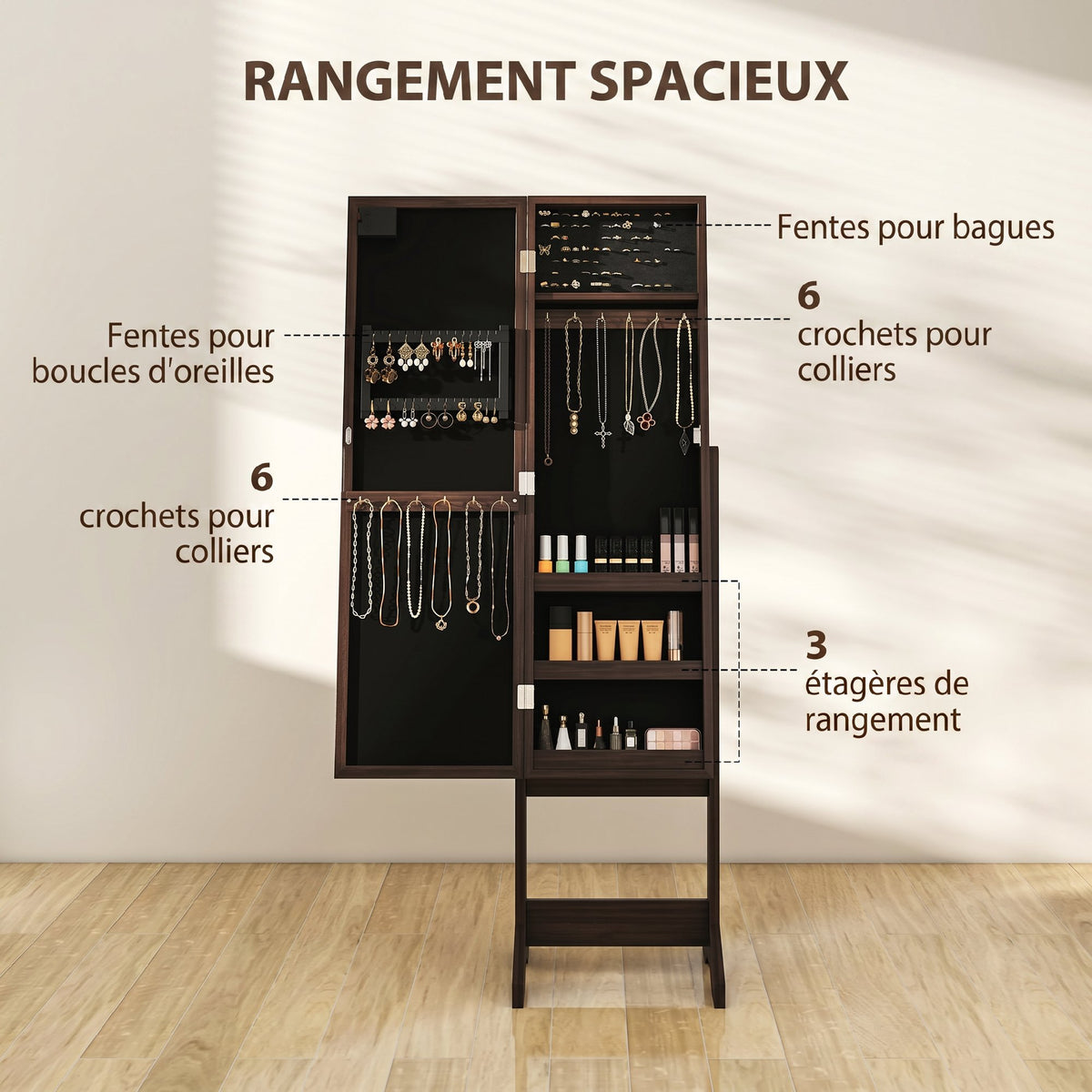 Armoire à Bijoux, Armoire de Rangement sur Pieds, Boîte à Bijoux avec Miroir Multi-Rangements Éclairage LED Marron Foncé