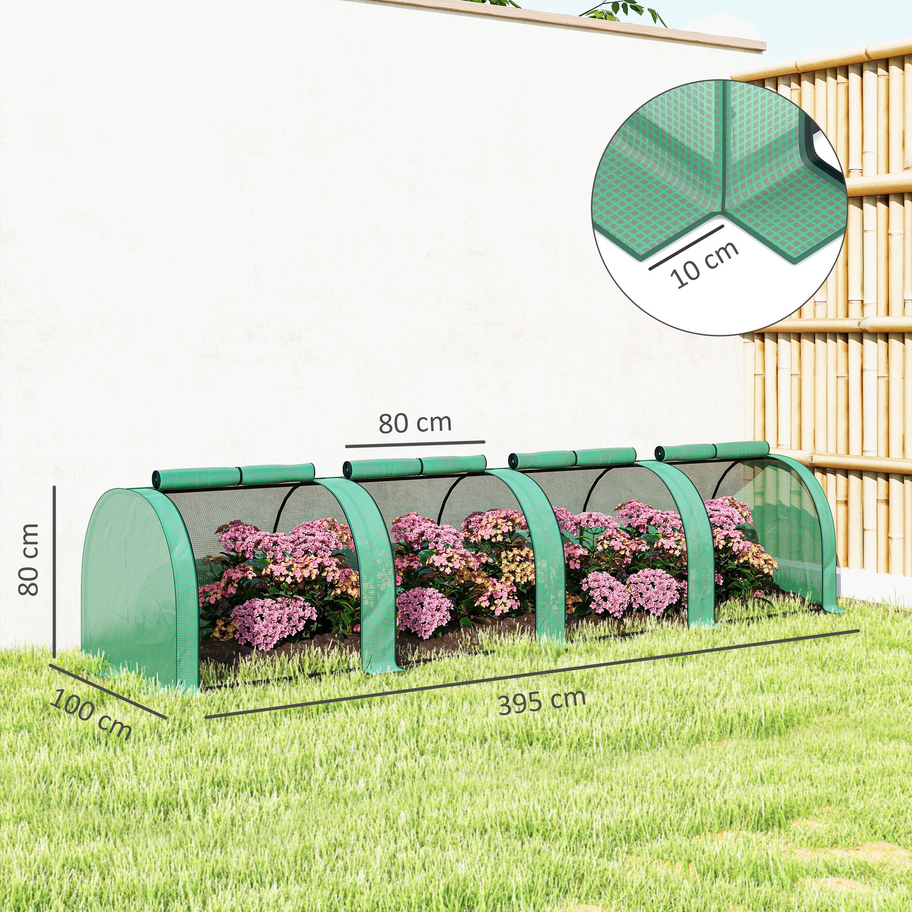 Mini serre de jardin serre à tomates 4 x 1 x 0,80 m acier PE anti-UV 4 portes avec zip enroulables vert