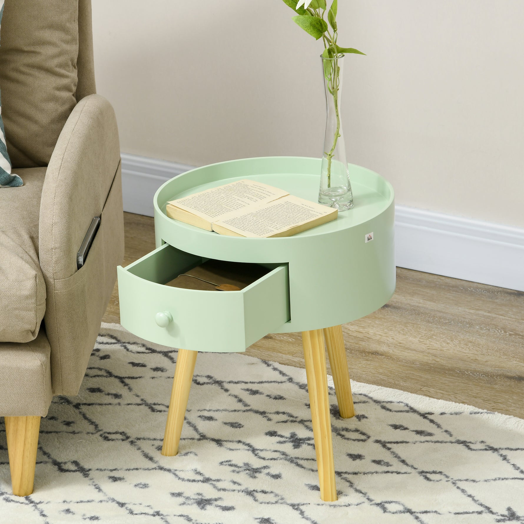Table basse table de chevet table de nuit ronde design scandinave bout de canapé avec tiroir pieds effilés inclinés