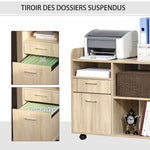 Support d'imprimante - Caisson d'organisation de Bureau Roulant - Dim. 80l x 40P x 72H cm en Bois Chêne clair