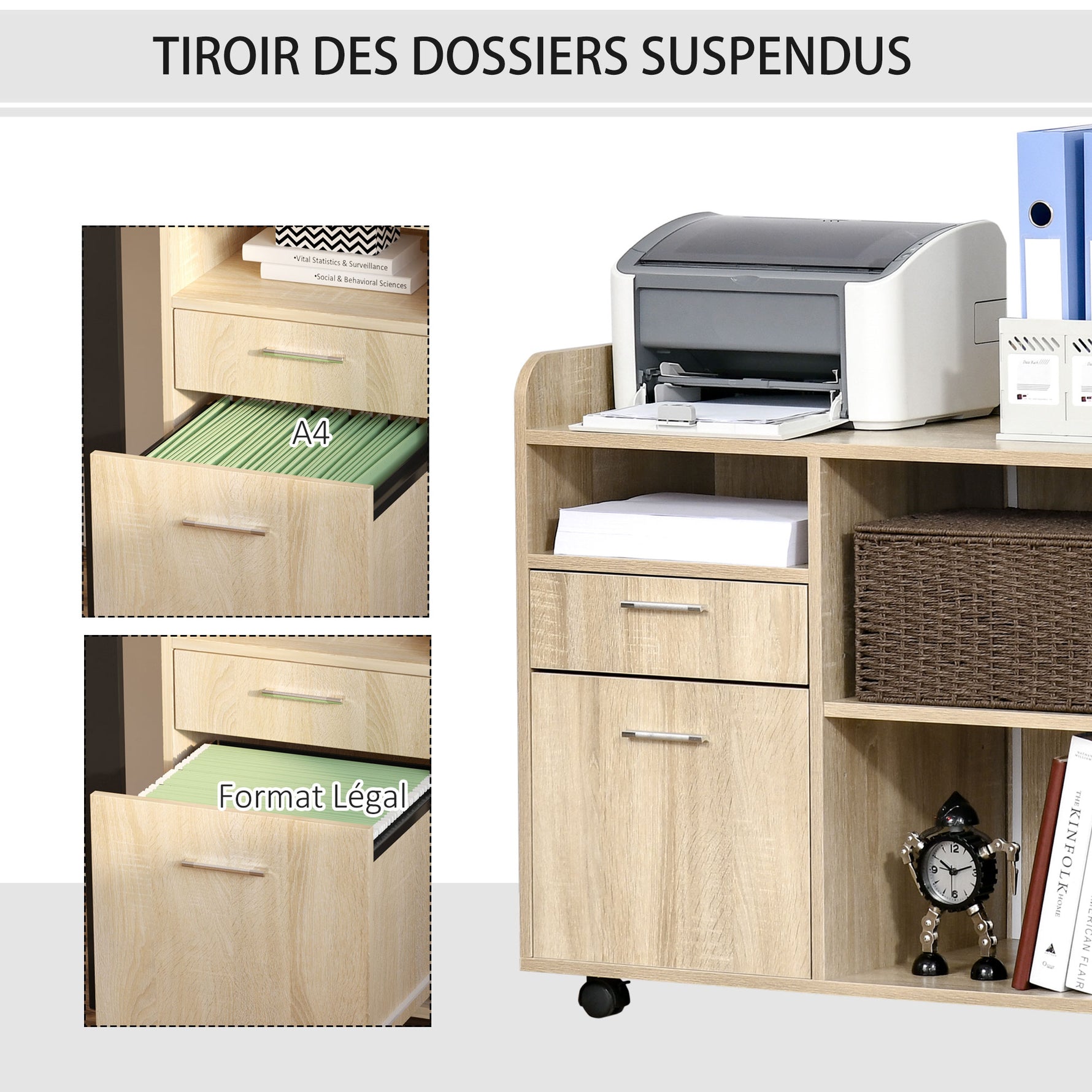 Support d'imprimante - Caisson d'organisation de Bureau Roulant - Dim. 80l x 40P x 72H cm en Bois Chêne clair