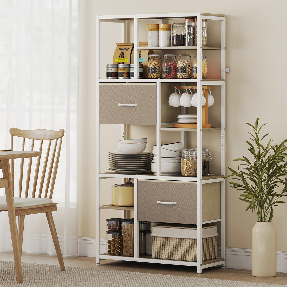 Étagère de rangement 6 niveaux, bibliothèque avec 2 tiroirs en tissu, 9 étagères ouvertes, 72,5 x 30 x 150 cm, blanc